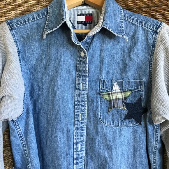 Upcycled Jean Jacket, M: Denim & Flannel Star Patchwork, Waffle Knit Sleeves - Picture 5 of 12